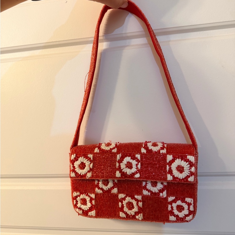 Anthropologie Red and White Checkered Floral Shoulder Bag